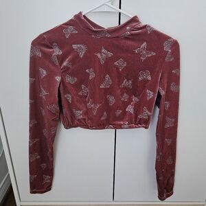Dollskill Pink velvet metallic butterfly crop top